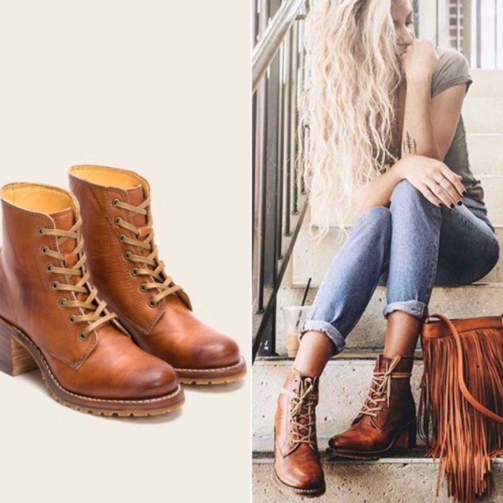Frye Brown Combat Moto Boots Rugged Leather Lace-Up